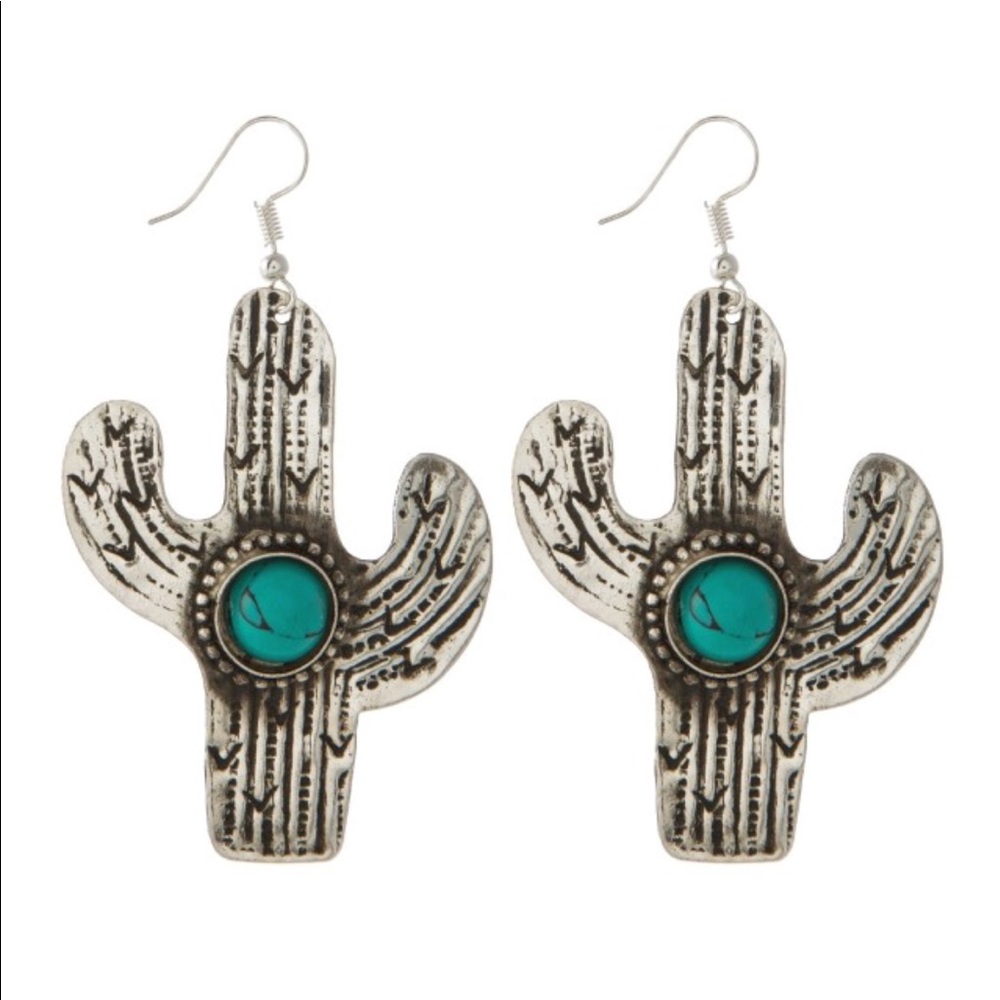 Silver Tone Cactus earrings  turquoise accent 🌵